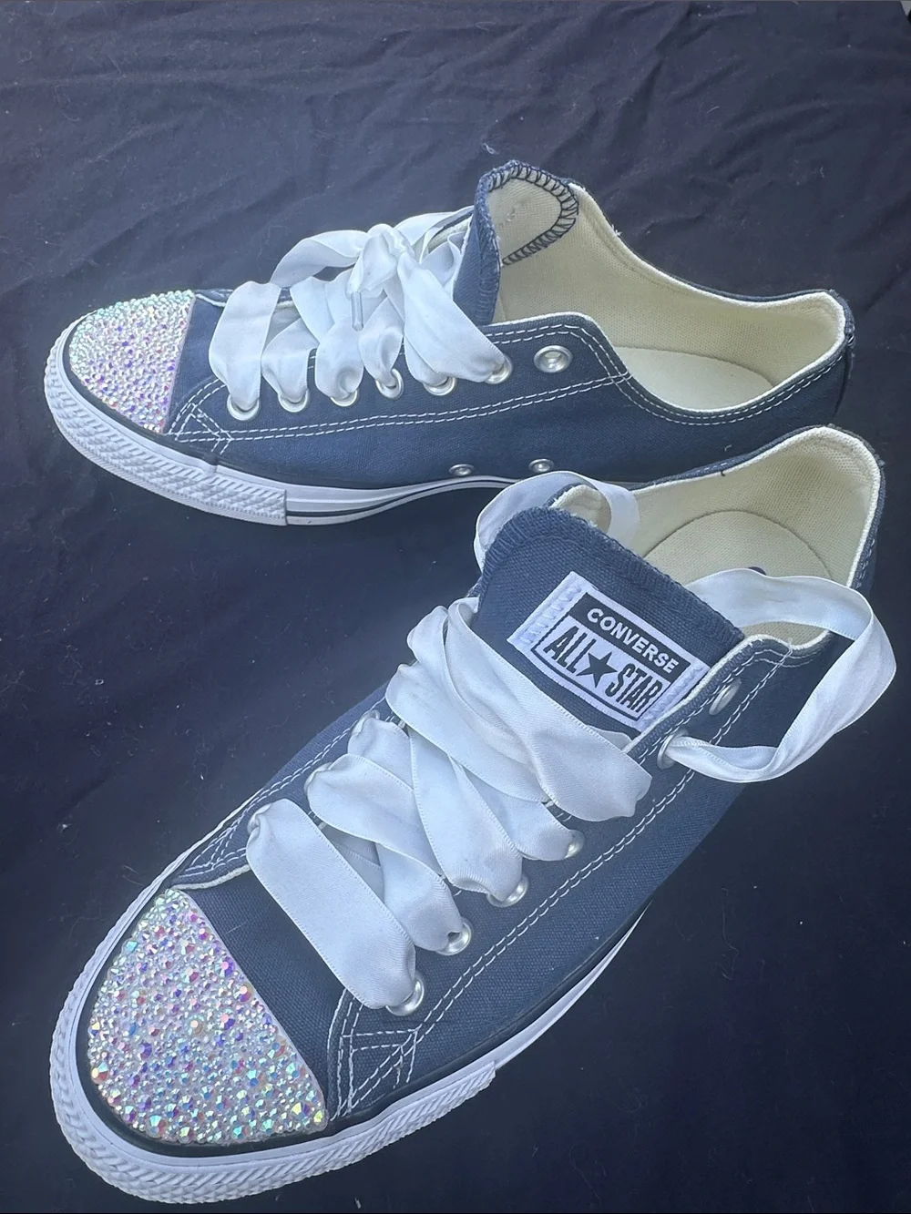 Converse Navy Low Top Sneakers with White Ribbon Laces and Crystal Toes - Picture 1 of 6